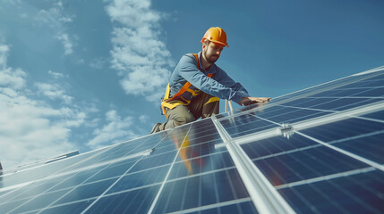 A man is diligently working on installing a solar panel on the roof of a building. 