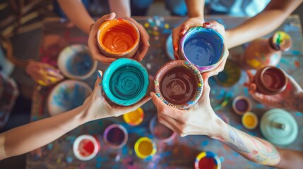 Friends at a pottery class, with rainbowcolored paint