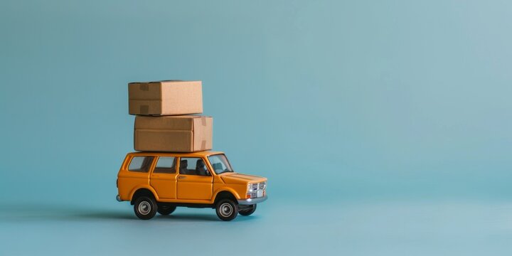 A yellow toy car with a stack of cardboard boxes on its roof against a blue background.
