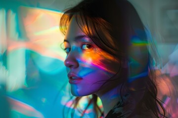 Portrait of a woman with vibrant rainbow light patterns casting over her face