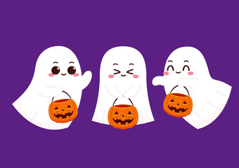 Cute ghost floating with Halloween pumpkin basket for Trick or Treat. Funny spooky boo character. Spook phantom with happy smiling face expression. Isolated kids flat vector illustration.