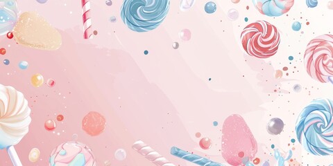 Colorful lollipops and candies on pastel pink background.