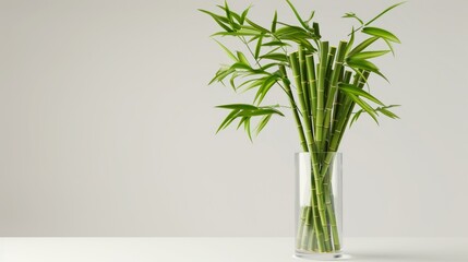 Stems of green bamboo in a clear cylindrical vase, set against a stark white background, symbolizing peace and simplicity