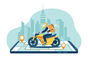 Online delivery service concept. Delivery courier on a motorbike speeds along the route. Vector illustration.