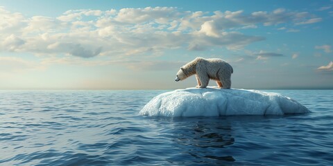 Naklejka premium environment, flat design, global warming, bear isolated on a tiny iceberg in vast ocean