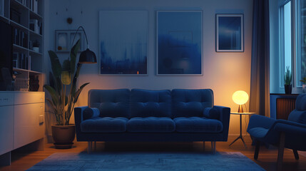 A contemporary living room featuring a dark blue couch and a sleek lamp. The room is styled in a Scandinavian design with minimalist furniture and clean lines