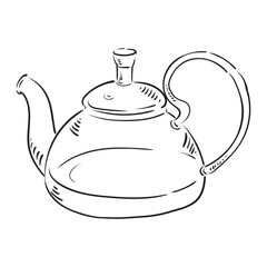 Glass teapot drawn with vintage lines. Isolated vector illustration. A teapot drawn as an engraving.