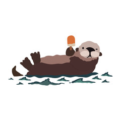 Cute cartoon sea otter. Vector illustration of wildlife animal. Sea ​​otter on a white background lies in the water with goodies. An otter with a sailor hat