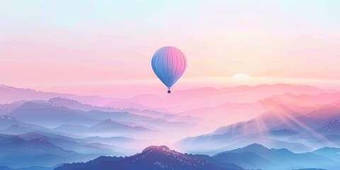 Fototapeta premium Hot air balloon flies over the mountain range at sunrise.