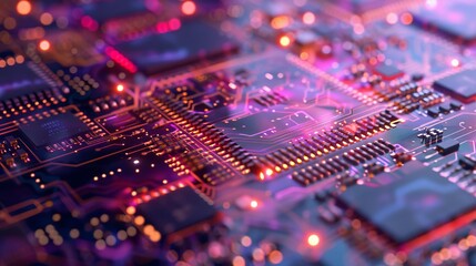 Obraz premium A closeup view of a semiconductor chip under UV light, highlighting the intricate technology