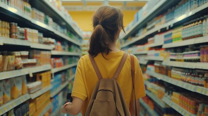 Fototapeta premium Rear view of woman shopping in grocery store aisle.
