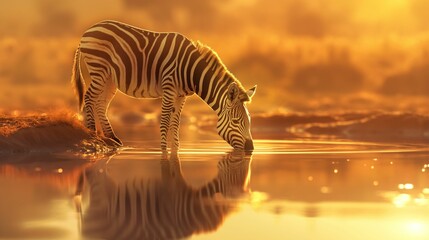 Zebra drinking water at a reflective pond.