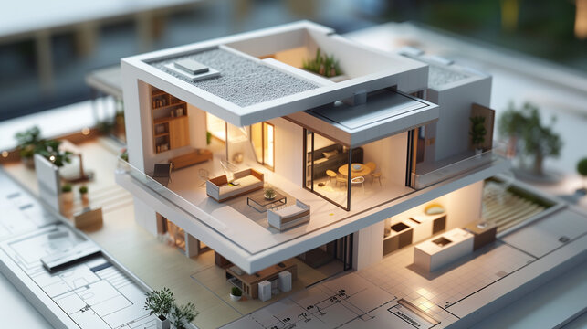 A small-scale model of a house is intricately designed and placed on a table, showcasing architectural craftsmanship and attention to detail