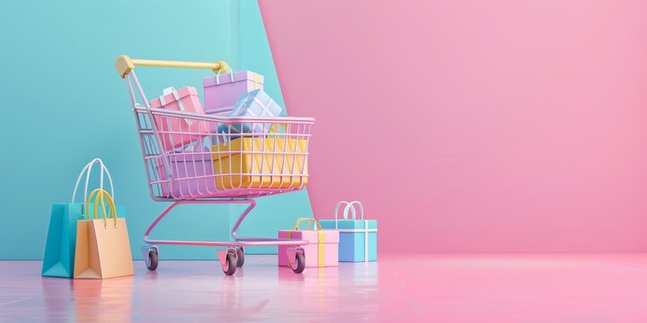Shopping cart with pastel gifts on pastel background.