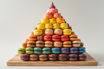 Vibrant stack of assorted macarons arranged in a pyramid shape, perfect for dessert themes