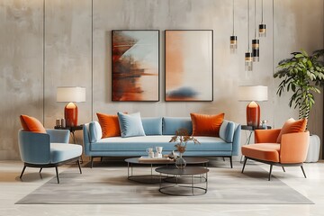 Modern interior design mockup with pastel blue and orange furniture against beige wall background, 3D rendering