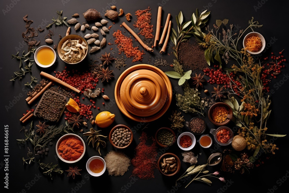 Poster a table filled with an assortment of different types of spices. generative ai