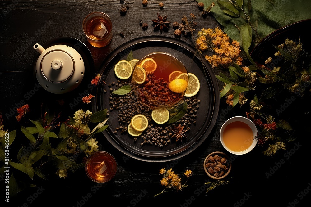 Poster a table displaying a plate of food surrounded by cups of tea, ready to be enjoyed. generative ai