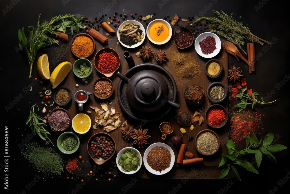 Poster a variety of different spices neatly arranged and displayed on a wooden table. generative ai