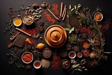 A table filled with an assortment of different types of spices. Generative AI