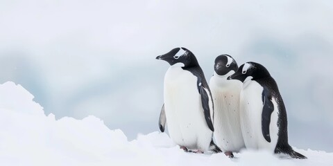Fototapeta premium Three penguins standing on the ice in Antarctica