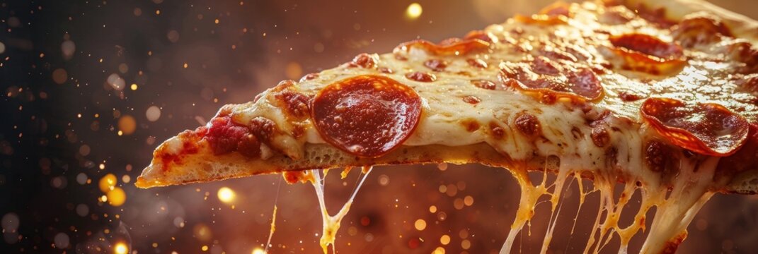 This is a photo of a slice of pizza. The pizza has a crispy crust, melted cheese, and pepperoni. It is oozing with cheese and looks delicious.