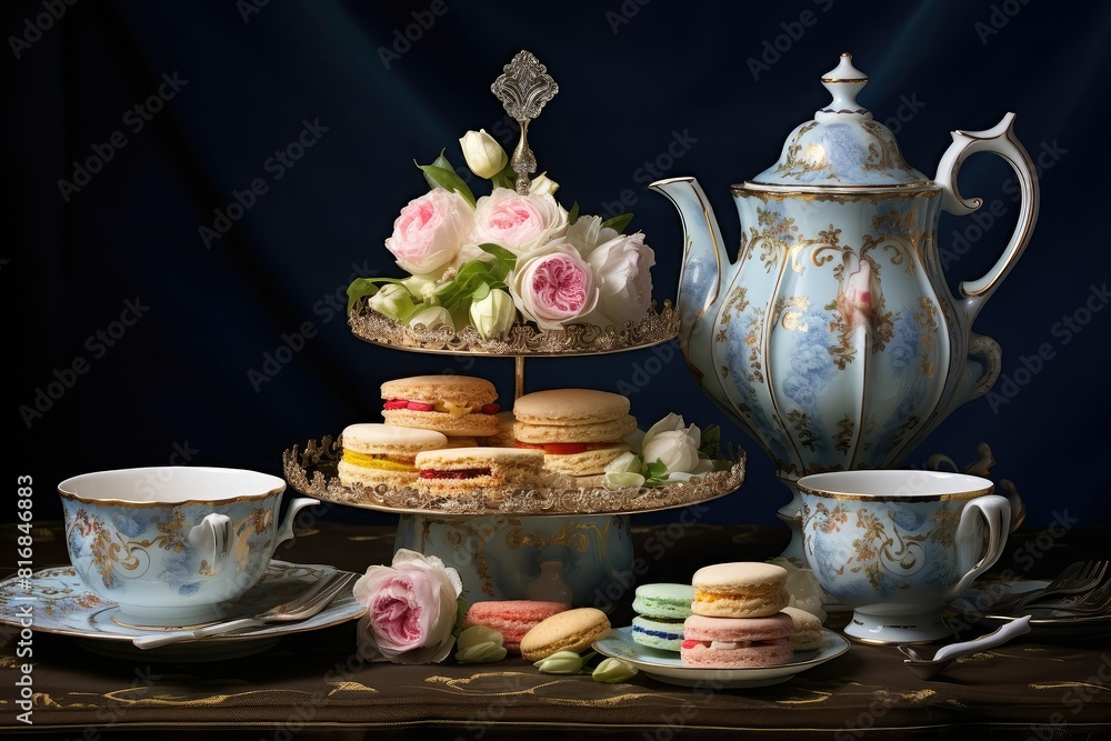 Poster a table is displayed with various plates and cups filled with a variety of foods, showcasing a setti