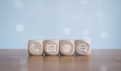 Customer support hotline Contact us people connection.Website page contact us or e-mail marketing concept,  Chat message icons. address,call phone, address, Label wood with the email.