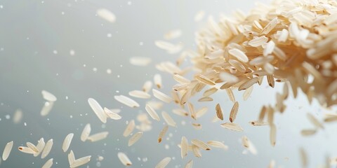 Fototapeta premium Uncooked brown rice falling through the air against a white background.