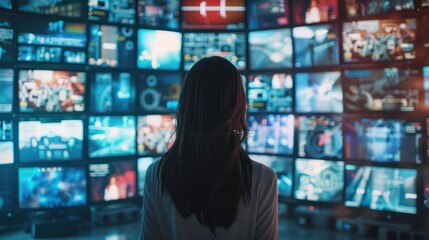 Woman surrounded by multiple TV screens