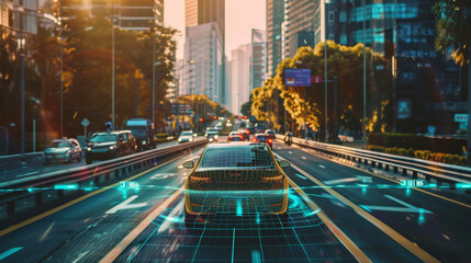 AI-powered autonomous vehicle navigating through city streets, with sensors visible on its exterior, showcasing the integration of AI in self-driving technology.