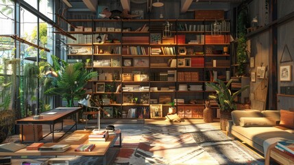 A living room filled with numerous bookshelves and various potted plants creating a cozy and vibrant atmosphere.