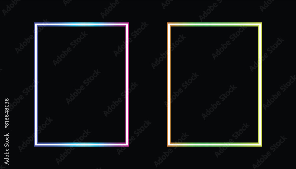 Fototapete Abstract colorful gradient shape, set of two square frames with neon style isolated on black background