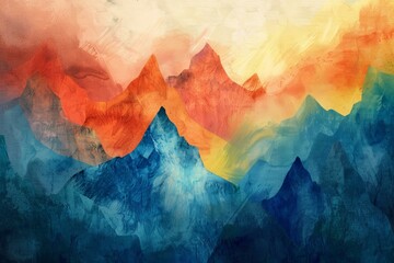 Vibrant and colorful abstract watercolor mountain landscape painting with textured peaks and a modern digital design for creative wall decor and contemporary backdrop illustration