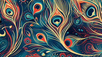 Intricate abstract design inspired by peacock feathers, featuring vibrant hues of blue, orange, and green with detailed patterns and flowing lines