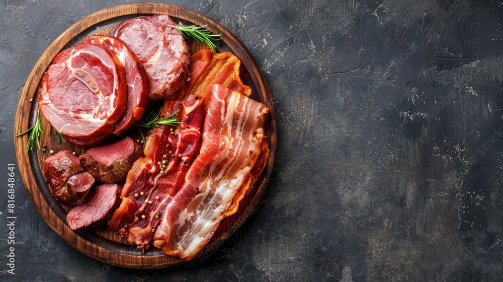 Poster bacon ham and steak arranged on a wooden plate viewed from above with space for text