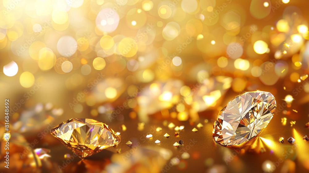 Poster luxury-themed abstract background with glittering diamonds and golden bokeh lights creating an opule