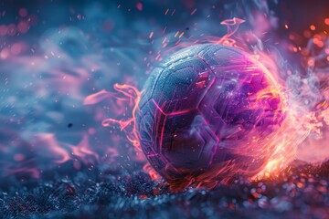 Dynamic 4k wallpaper of a soccer ball with a fiery, neon glow, encapsulating energy and action