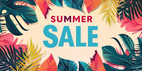 Colorful illustrated poster with tropical leaves in vibrant hues and the text "Summer Sale" centered on a light background