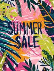 Colorful illustrated poster with tropical leaves in vibrant hues and the text "Summer Sale" centered on a pink background