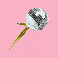 Poster. Contemporary art collage. Flower with discoball instead of bud against pastel pink...