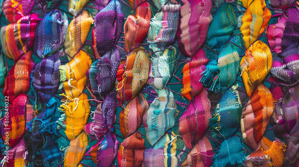 Aufkleber textured abstract background with handmade woven fabric in vibrant, multicolored patterns