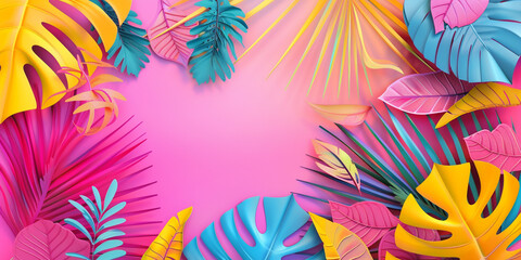 Bright summer poster with vivid tropical leaves on a gradient background in pink, orange, and yellow hues and copy space in center