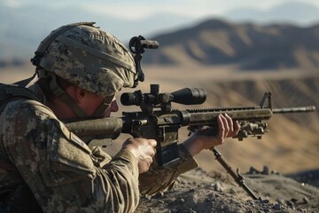 Fototapeta premium A soldier in uniform is aiming his rifle at a distant mountain peak in a tactical stance amidst rugged terrain