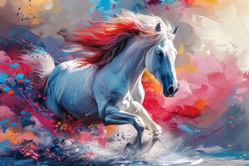 A vibrant painting of an elegant horse with a flowing mane, running at full speed in the wind. The background is filled with abstract shapes and colors creating a sense of movement and energy. 
