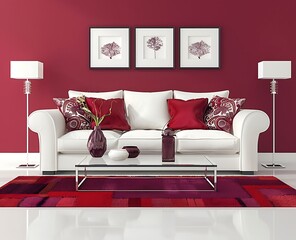 Modern interior design of a living room with a red and purple color scheme, featuring a white sofa, glass coffee table, rug, decorative vases, wall frames, and home decor photography