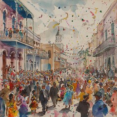 Naklejka premium A lively watercolor street scene from New Orleans during Mardi Gras, crowds in costumes, beads flying, festive and exuberant