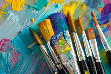 Vibrant display of paintbrushes against a multicolored palette, highlighting creativity and artistry