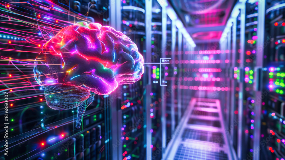 Aufkleber a brain suspended in the middle of the server room. concept of artificial intelligence and machine l