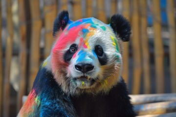 Vibrant and multicolored panda portrait with colorful paint splatters. Showcasing the artistic and creative nature of this unusual and playful bear in a dynamic and bold artistic representation